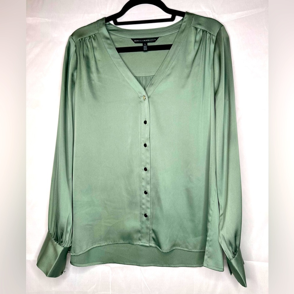 White House Black Market Sage Green satin long sleeve blouse